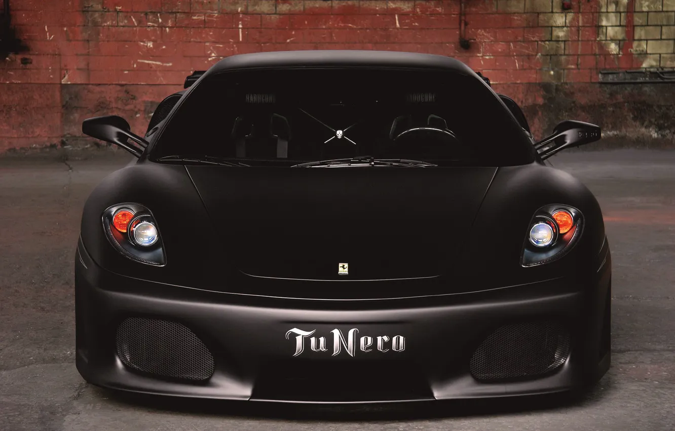 Photo wallpaper Black, The hood, F430, Ferrari, Lights, Matt, The front, Sports car