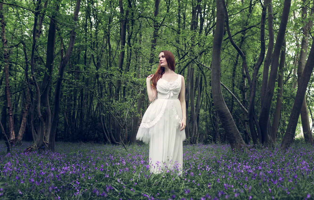 Photo wallpaper forest, flowers, woman, hair, white dress