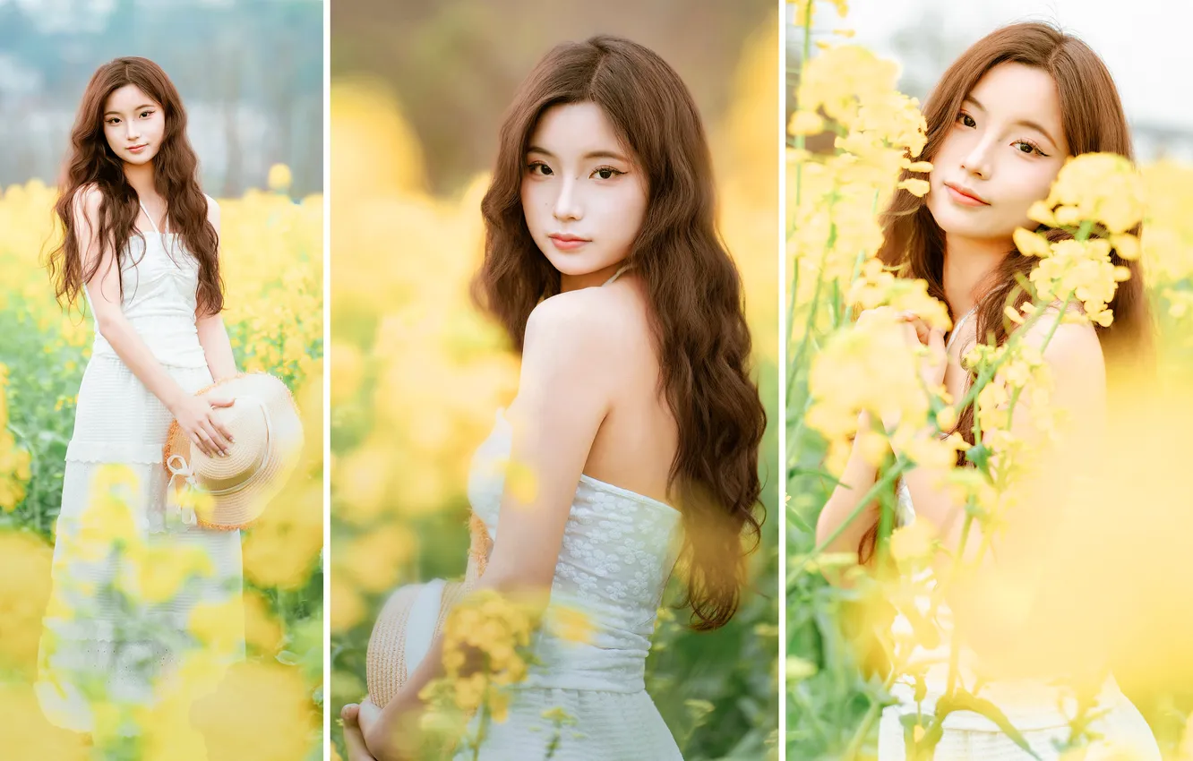 Photo wallpaper hat, woman, smile, flowers, beautiful, model, pretty, asian