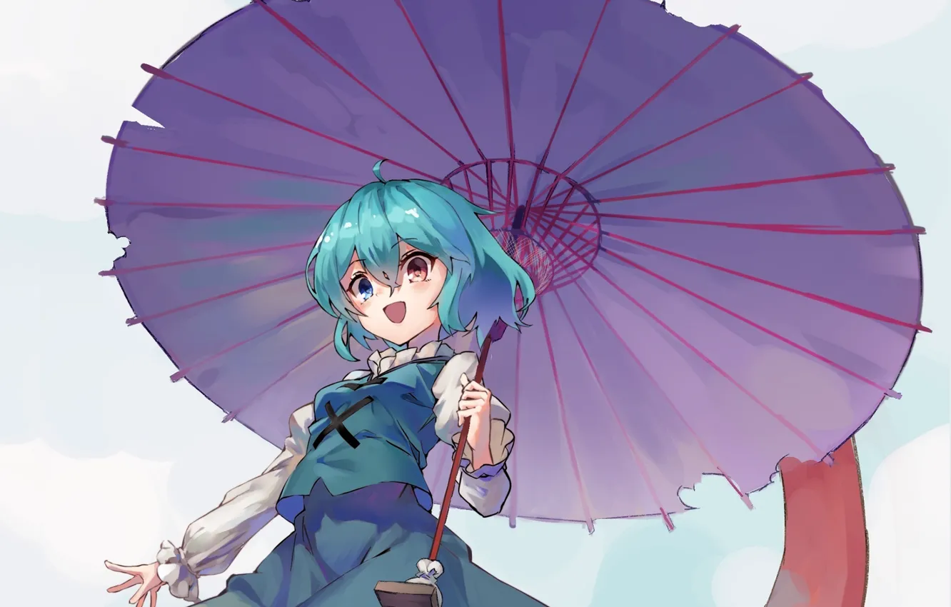 Photo wallpaper umbrella, blue hair, different eyes, stuck out his tongue, Touhou Project, Project East, Tatara Kogas …