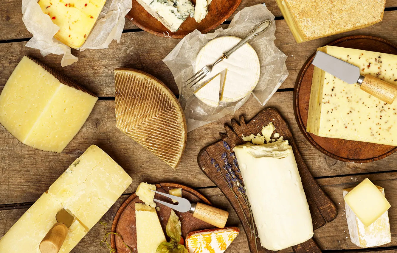Photo wallpaper Board, cheese, knife, plug, the view from the top, varieties