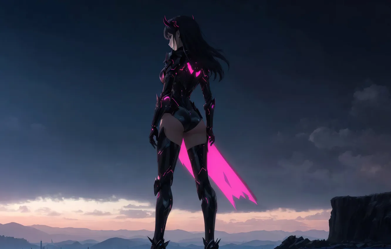 Photo wallpaper girl, fantasy, twilight, anime, art, fantasy art, dark sky, futuristic