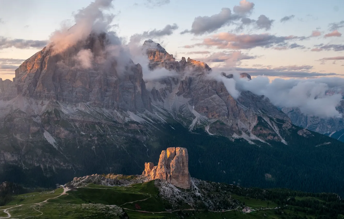 Photo wallpaper clouds, mountains, rocks, height