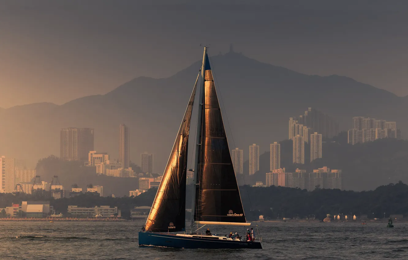 Photo wallpaper mountains, building, home, Hong Kong, yacht, harbour, Hong Kong, The Victoria Harbour