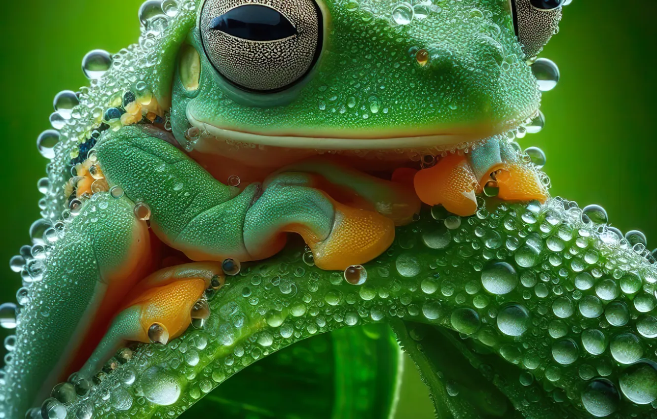 Photo wallpaper look, drops, macro, green, leaf, frog, green background, AI art