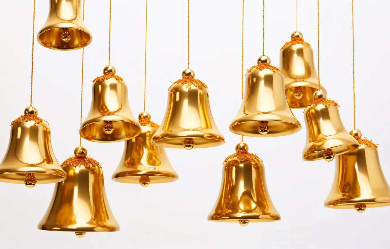 Photo wallpaper toy, new year, Christmas, white background, gold, bells, a lot, hanging