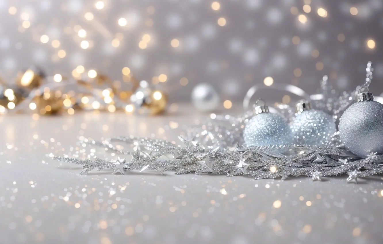 Photo wallpaper winter, balls, snow, lights, sprig, balls, silver, Shine