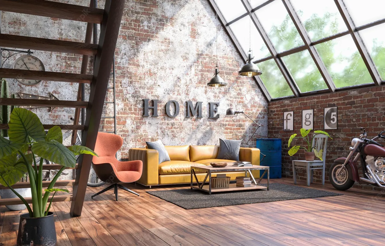 Wallpaper room, ladder, living room, design with grunge walls loft style, industrialstyle