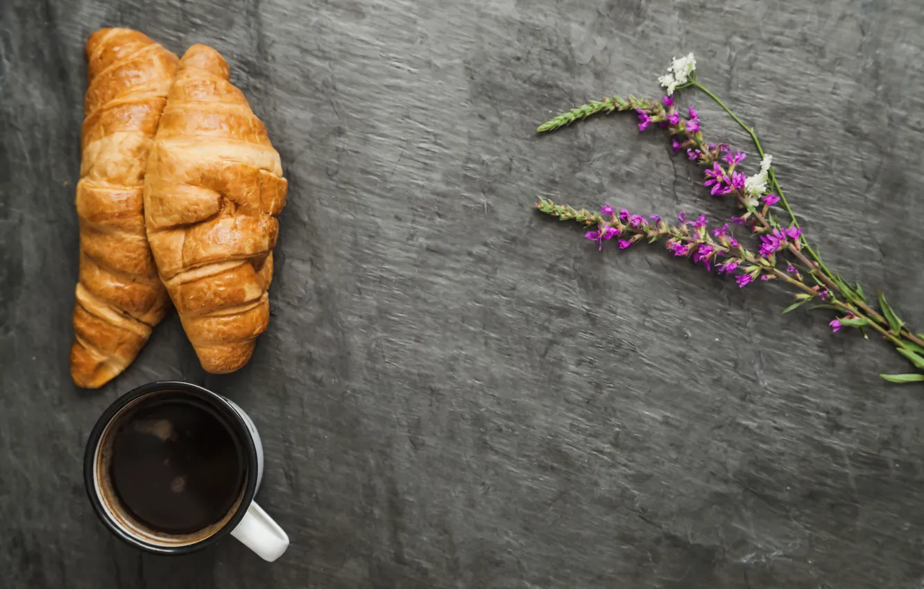 Photo wallpaper flowers, coffee, croissant