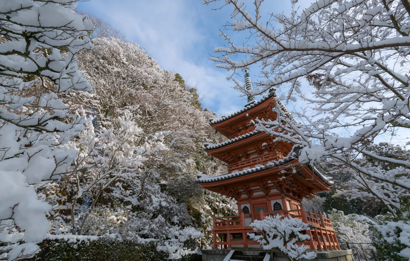 Photo wallpaper winter, snow, trees, branches, Japan, temple, pagoda, Japan