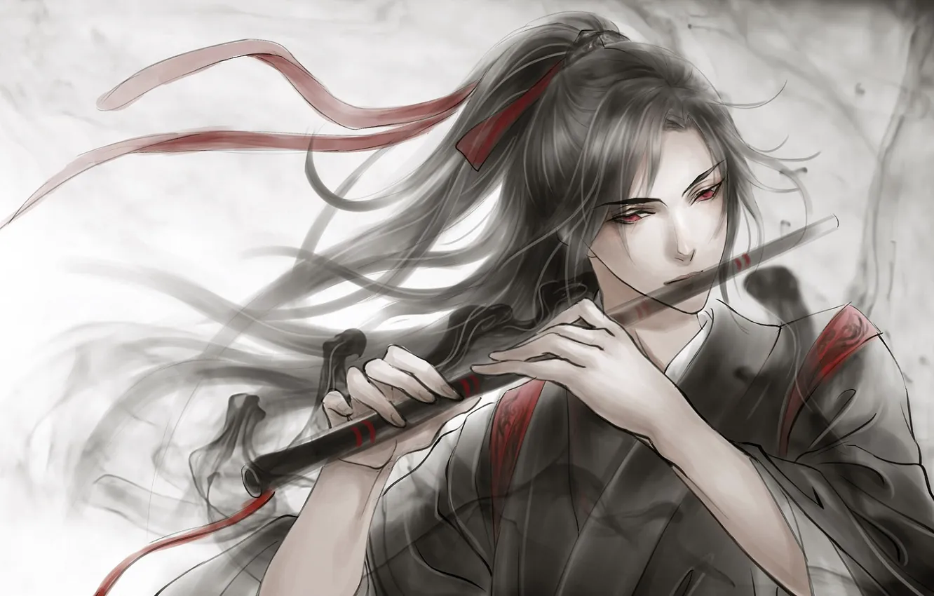 Photo wallpaper grey background, flute, red eyes, long hair, red ribbon, black magic, Chinese clothing, Mo Dao …