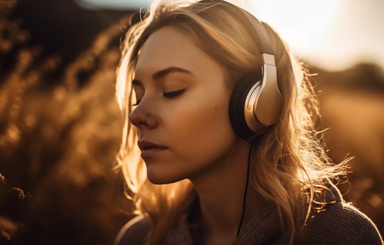 Photo wallpaper girl, light, nature, face, music, portrait, headphones, piercing