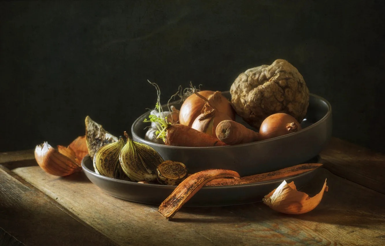 Photo wallpaper light, the dark background, table, Board, bow, bowl, still life, vegetables