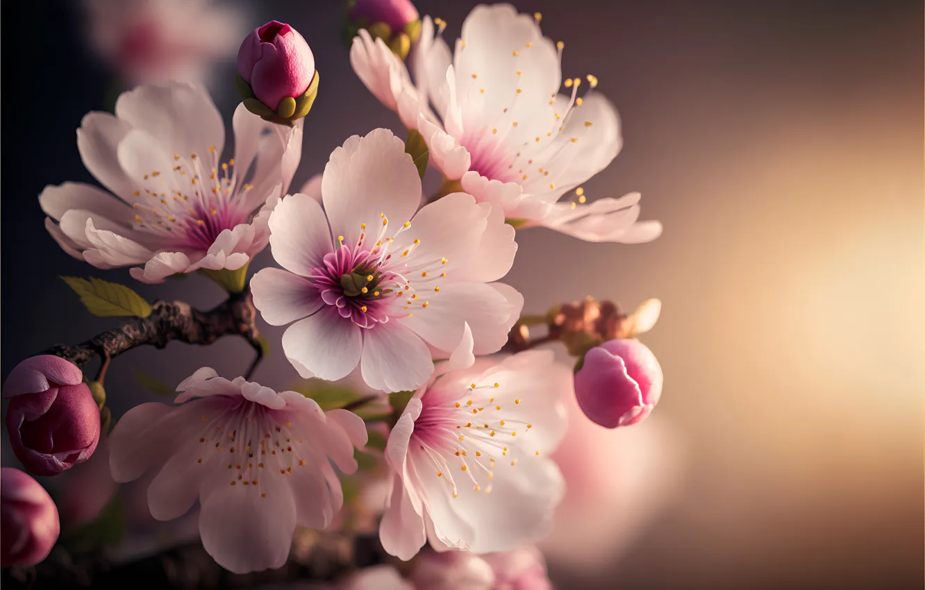 Photo wallpaper macro, light, flowers, branches, cherry, graphics, spring, Sakura