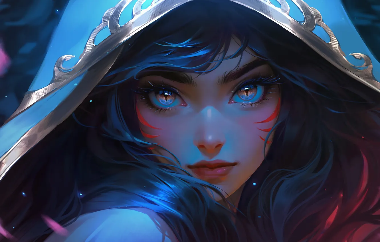 Photo wallpaper girl, fantasy, game, long hair, eyes, face, League of Legends, digital art