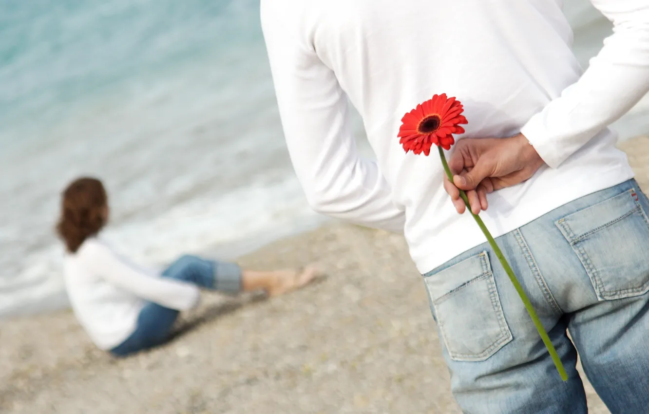 Photo wallpaper beach, love, flowers, romance, pair