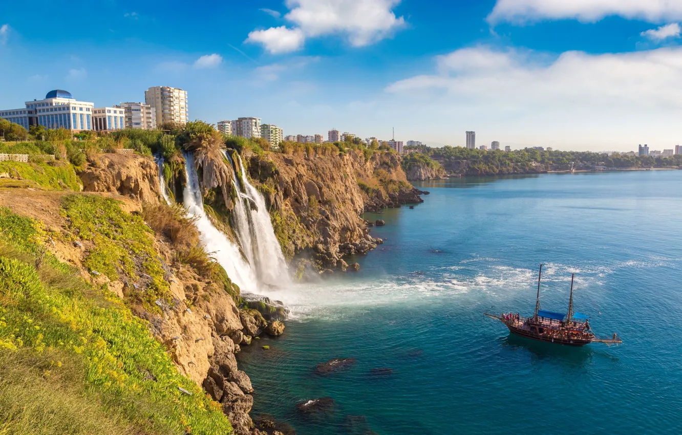 Photo wallpaper nature, rocks, shore, ship, waterfall, stream