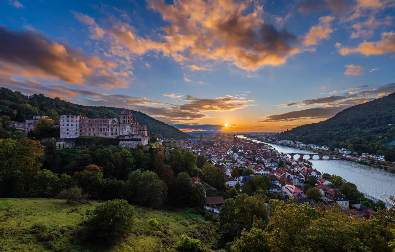 Photo wallpaper bridge, river, home, Germany, Sunrises and sunsets, Heidelberg