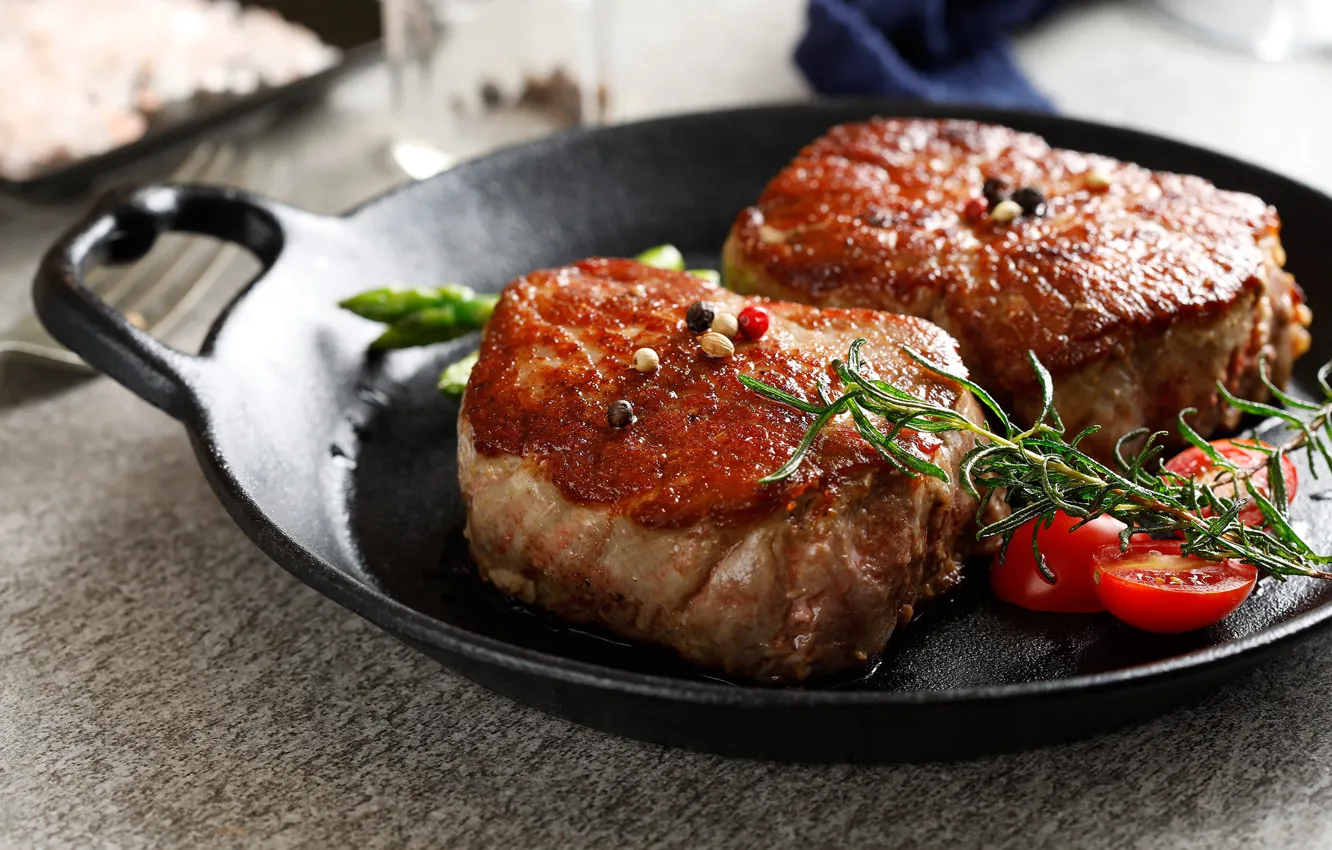 Photo wallpaper greens, pepper, tomatoes, steak