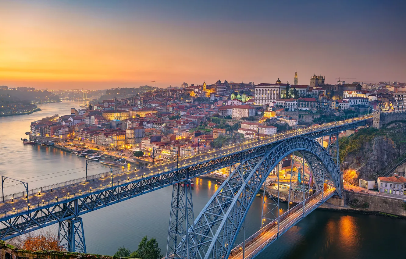 Photo wallpaper bridge, river, dawn, panorama, Portugal, Portugal, Vila Nova de Gaia, Porto