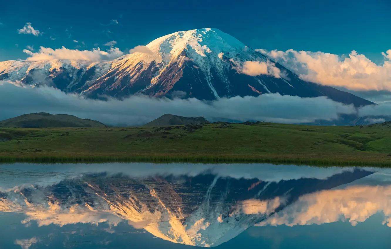 Photo wallpaper landscape, mountains, nature, reflection, morning, Kamchatka, Sakhalin, Kirill Sergeev