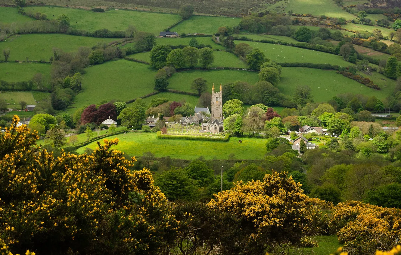 Photo wallpaper greens, field, trees, home, village, panorama, temple, Devon