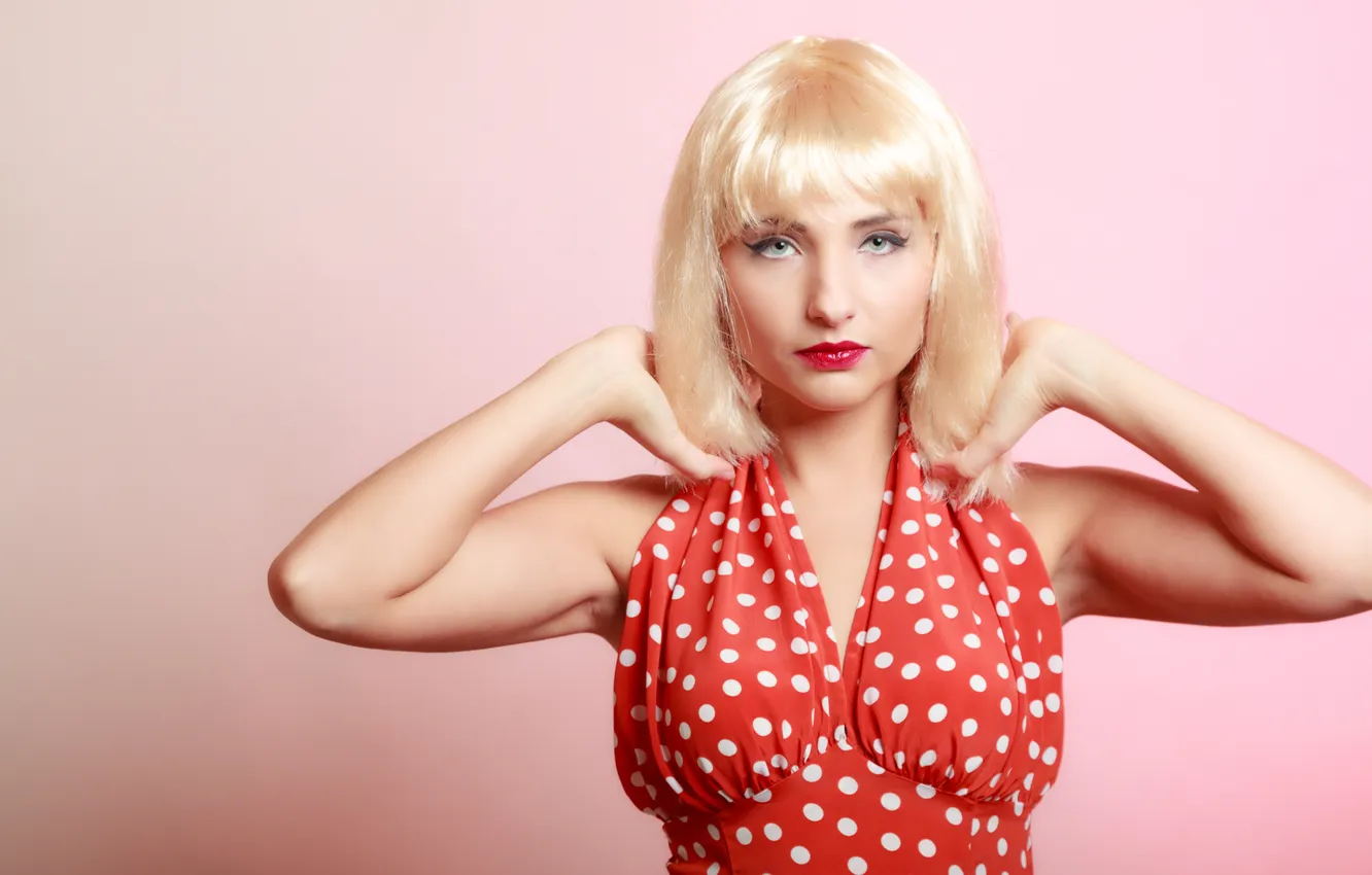 Photo wallpaper look, girl, face, background, hair, blonde, polka dot dress