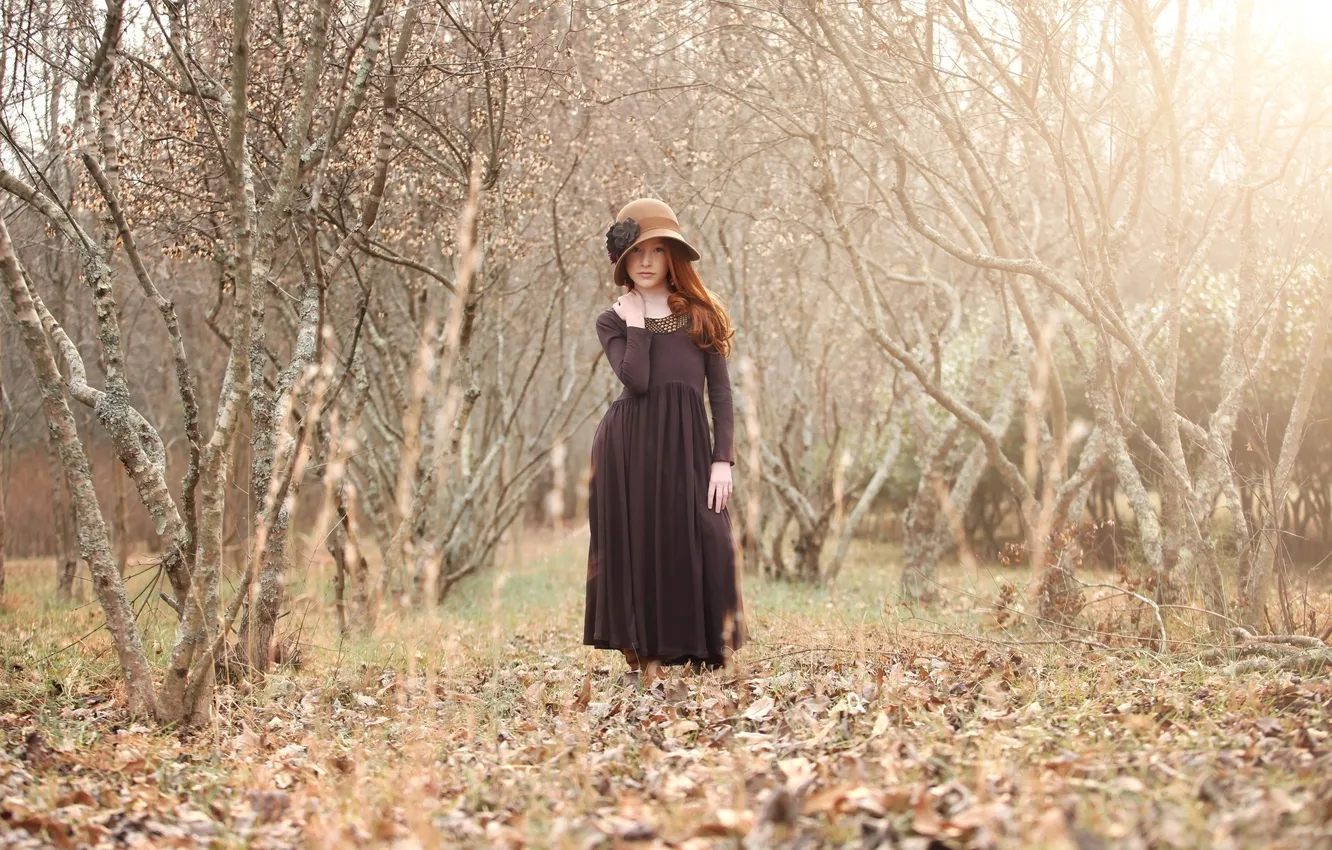 Photo wallpaper autumn, leaves, girl, trees, mood, hat, dress, old