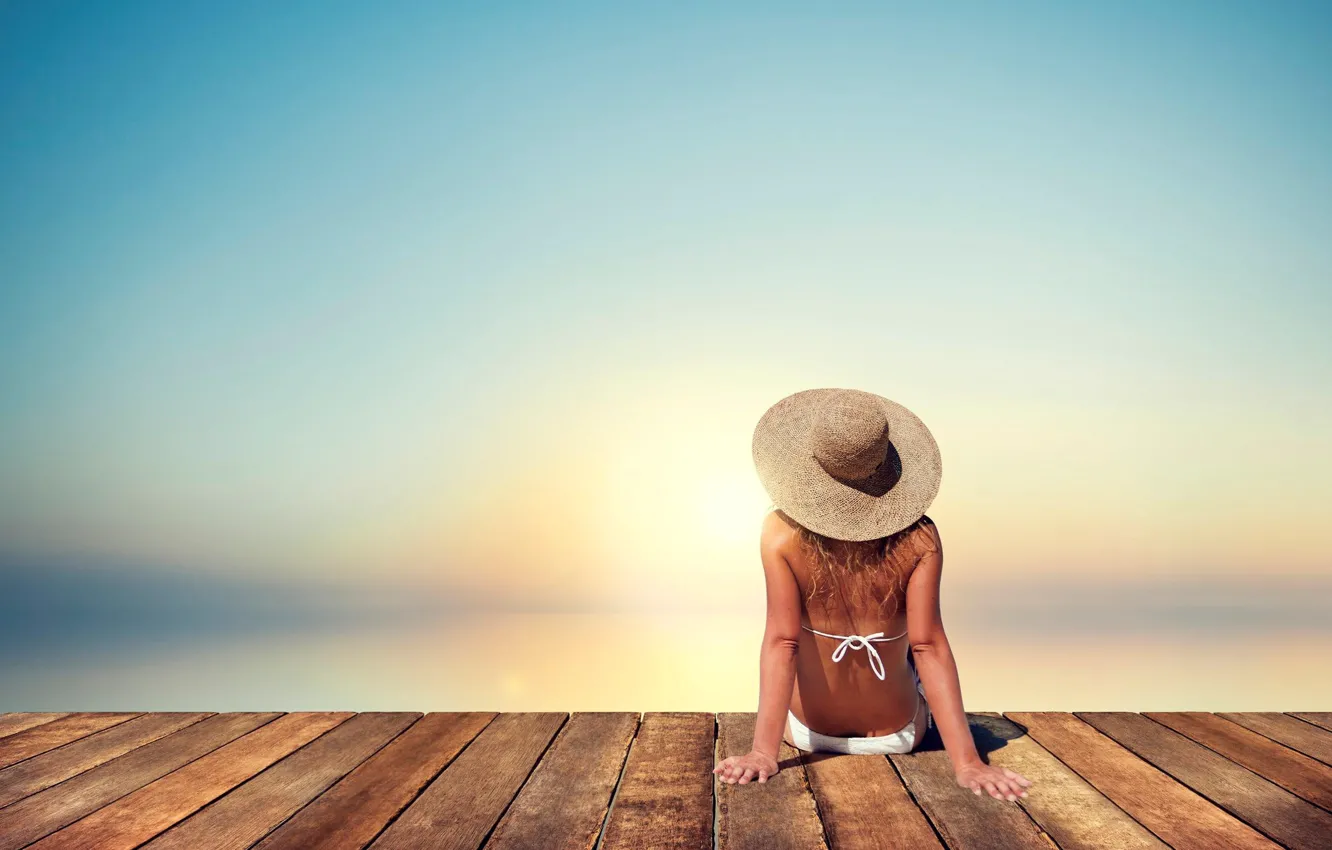 Photo wallpaper girl, hat, blur, the platform