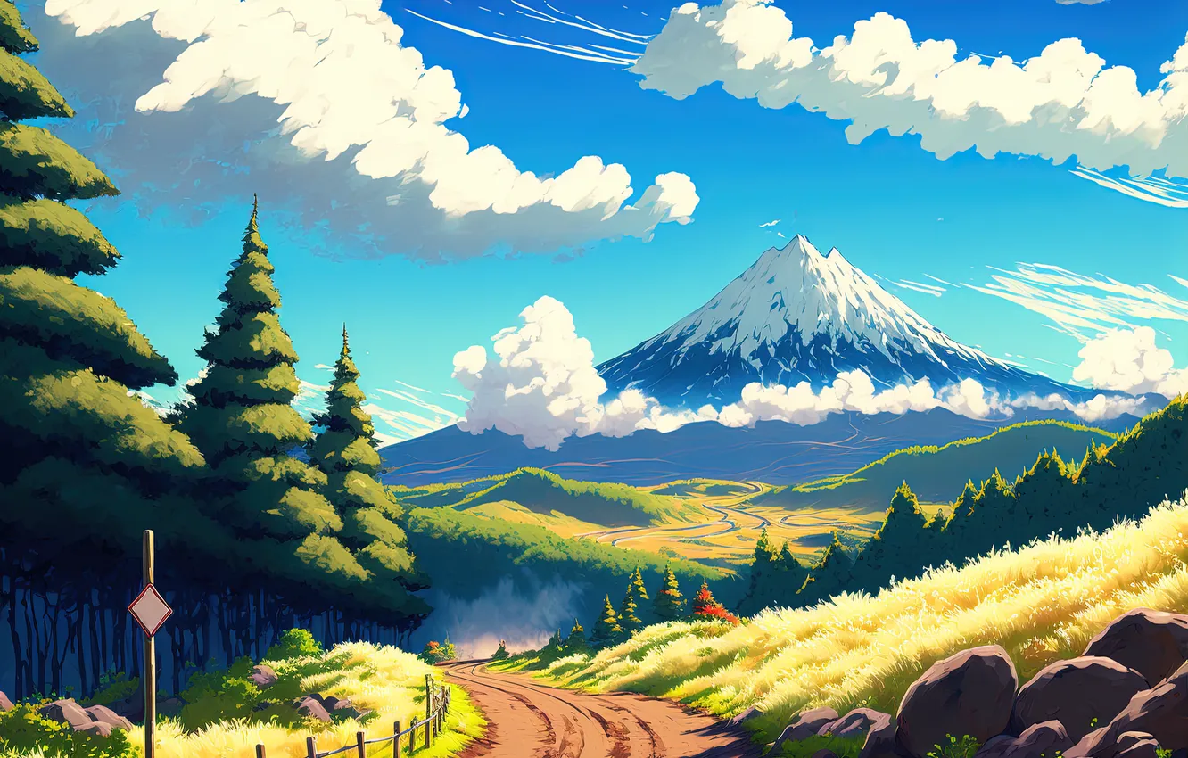 Photo wallpaper road, forest, clouds, trees, mountains, figure