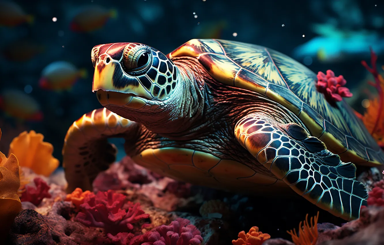 Photo wallpaper sea, turtle, sea turtle, AI art, neural network