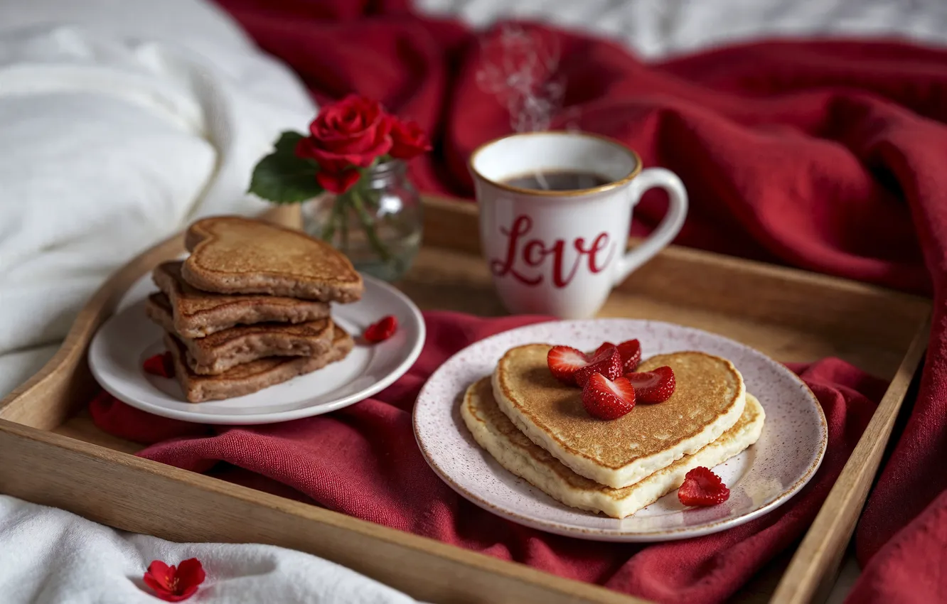 Photo wallpaper love, flowers, romance, heart, roses, Breakfast, love, pancakes