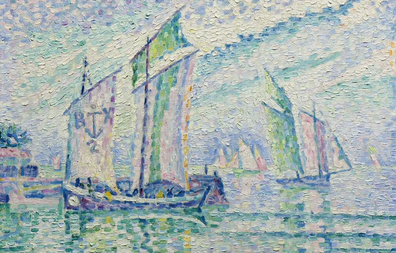 Photo wallpaper boat, picture, sail, seascape, Paul Signac, pointillism, Canal La Rochelle
