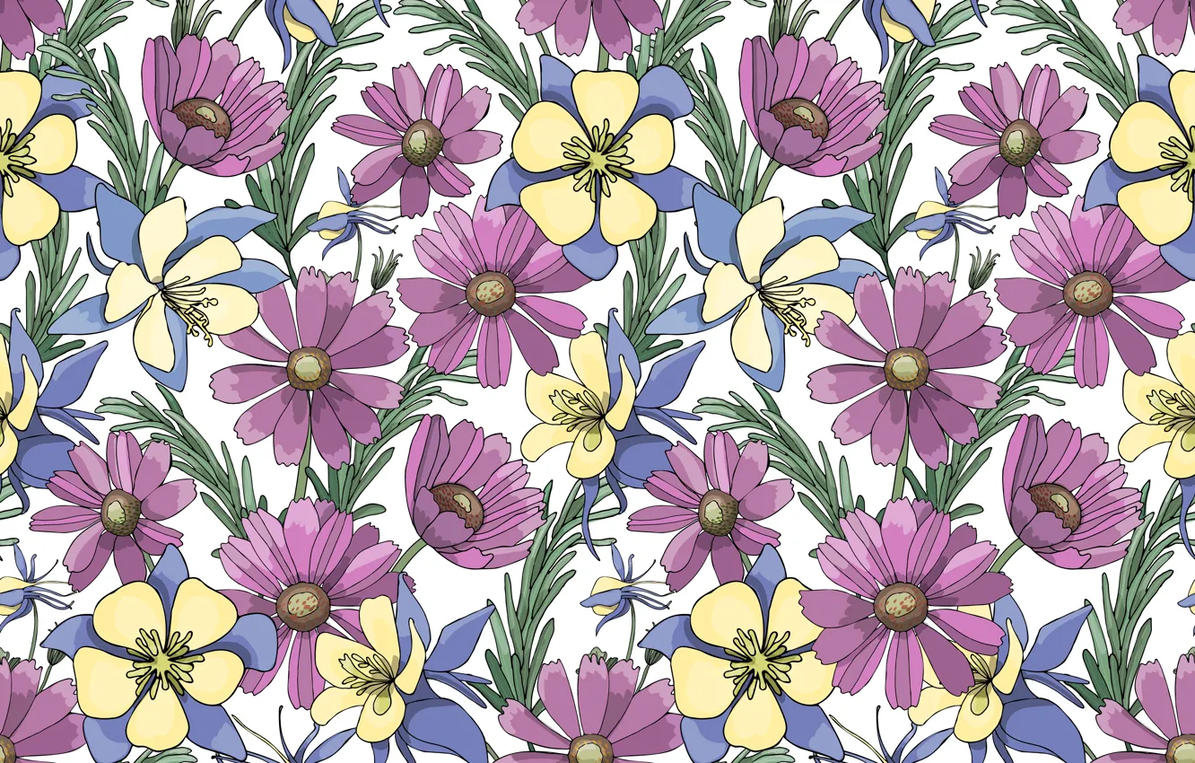 Photo wallpaper flowers, background, vector, yellow, blue, flowers, garden, purple