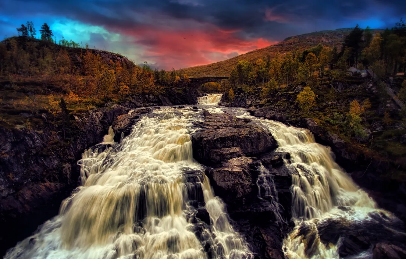 Photo wallpaper sunset, river, waterfall