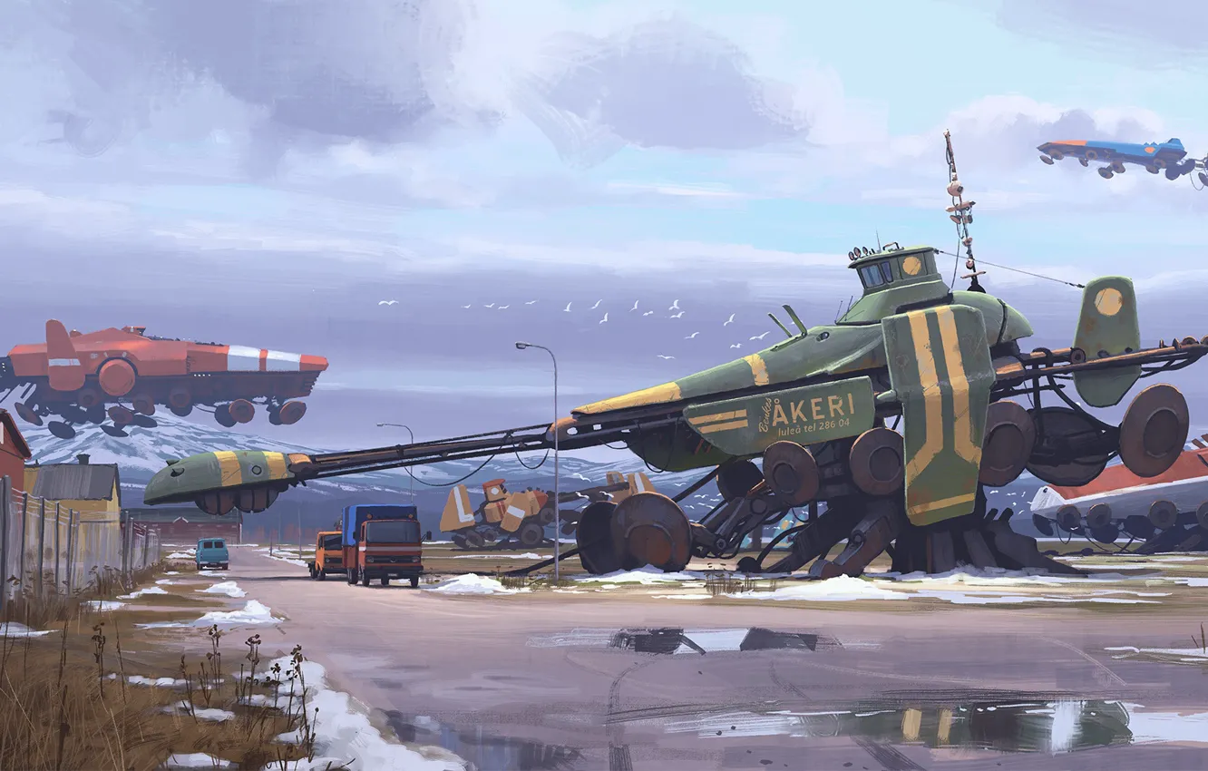 Photo wallpaper fantasy, science fiction, winter, snow, sci-fi, trucks, artist, digital art