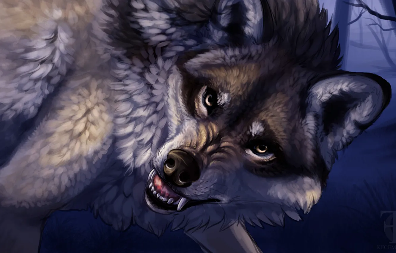 Photo wallpaper look, animal, wolf, predator, art, mouth, fangs