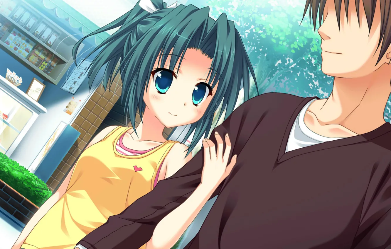 Photo wallpaper trees, street, walk, blue eyes, two, date, shop, art