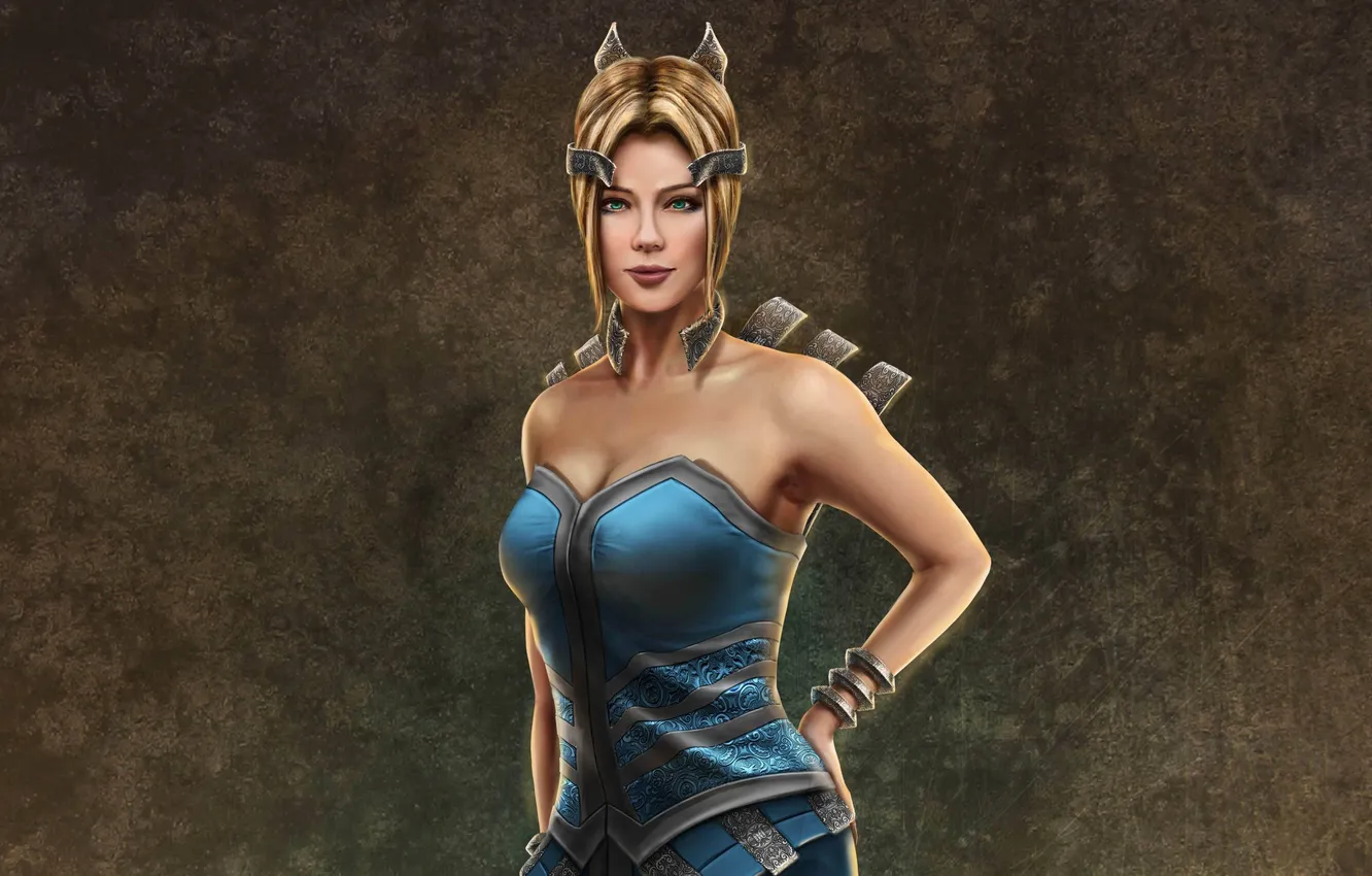 Photo wallpaper look, girl, pose, background, blue, hair, hands, dress