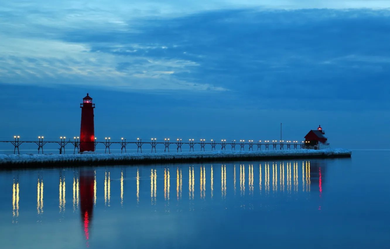 Photo wallpaper night, lighthouse, Lake Michigan