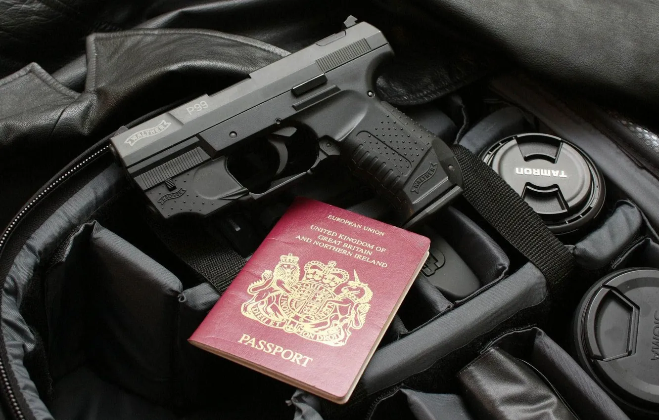 Photo wallpaper gun, P99, Walther, passport, passport