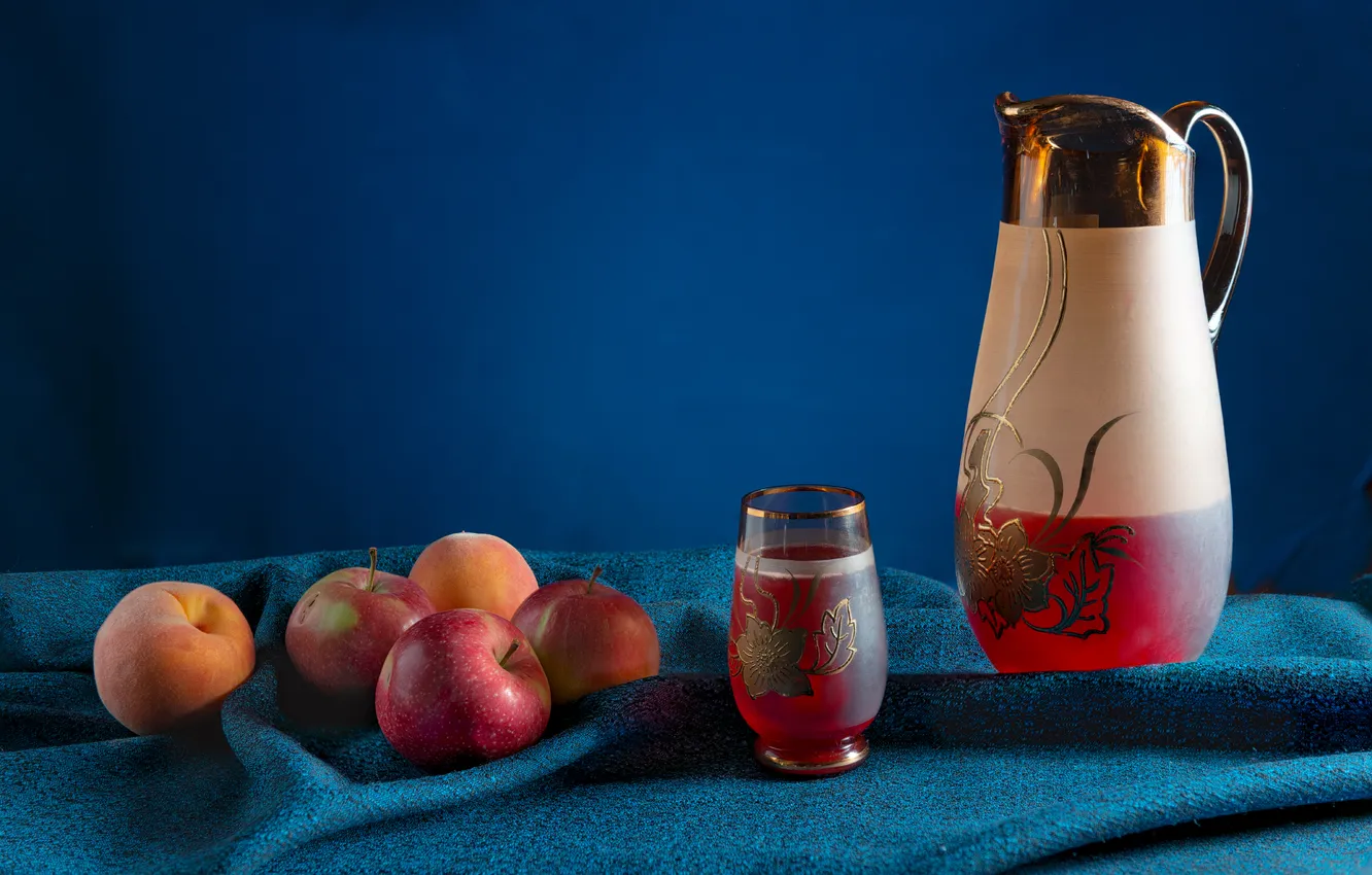 Photo wallpaper blue, apples, glass, pitcher, vitamins, tablecloth, Boris Levakov, Juice and fruit
