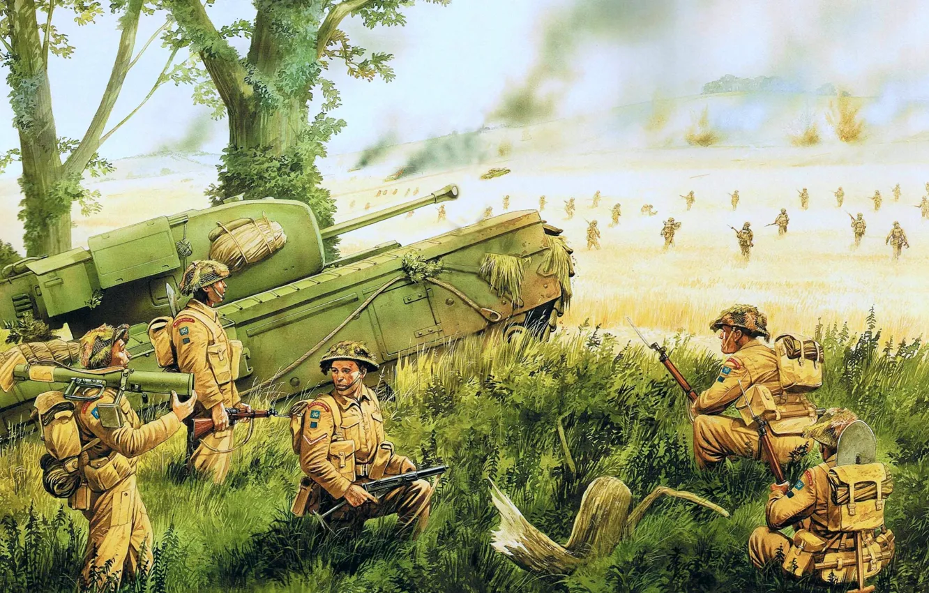 Photo wallpaper art, artist, soldiers, tank, WW2, Churchill, Infantry, infantry tank