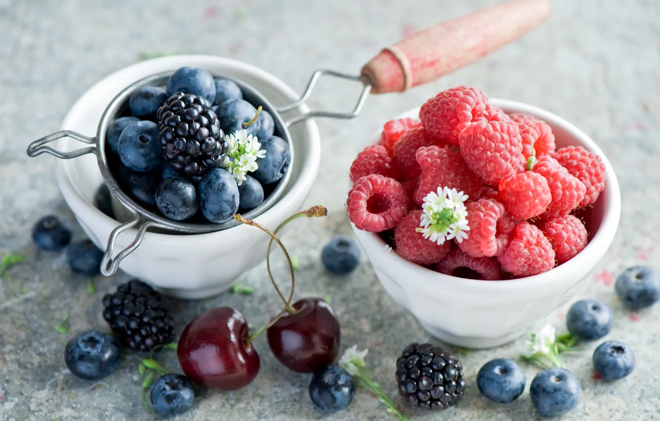 Photo wallpaper cherry, berries, raspberry, blueberries, dishes, cherry, BlackBerry, Anna Verdina