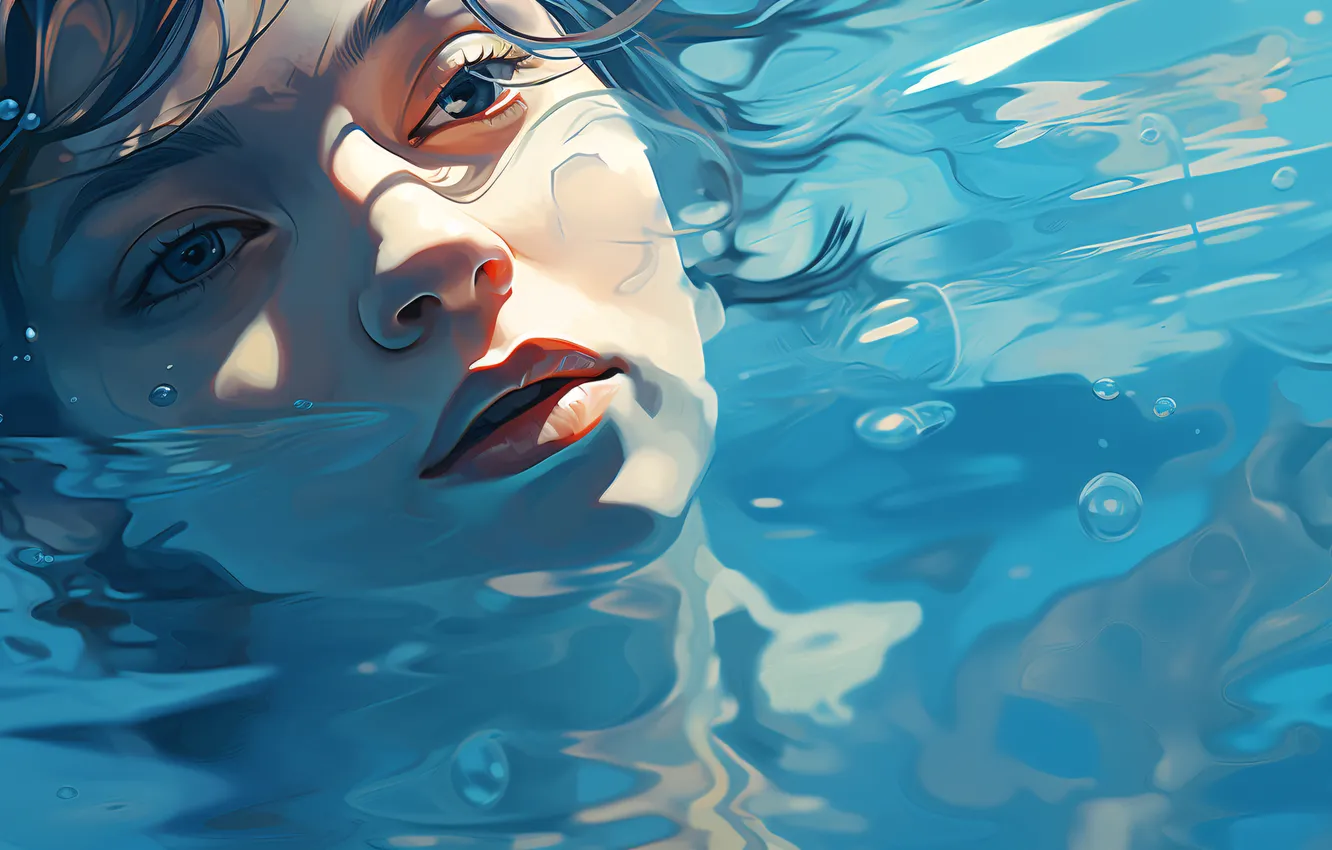 Photo wallpaper eyes, water, girl, face, digital art, AI art, The Art of Artificial Intelligence, neural network
