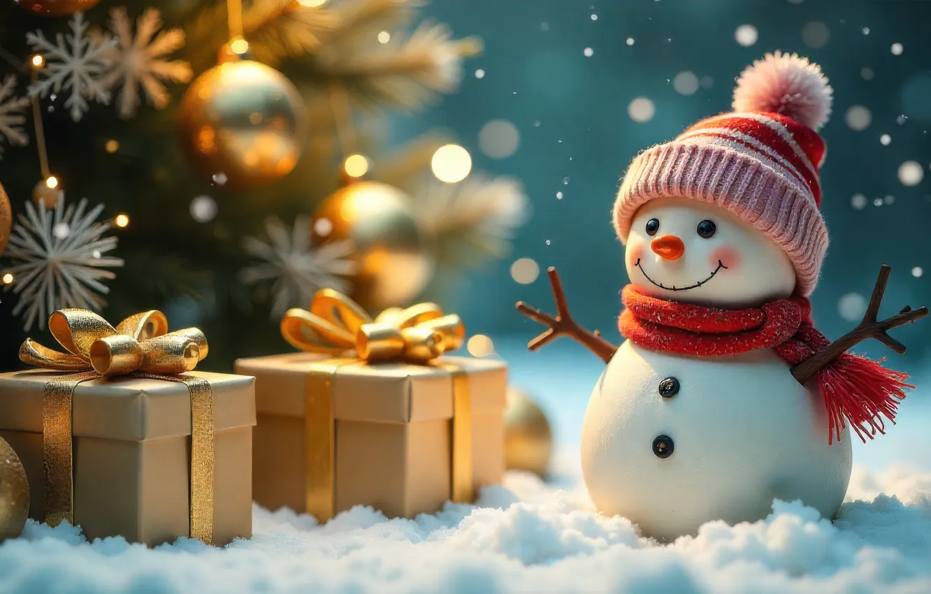 Photo wallpaper winter, balls, snow, snowflakes, branches, lights, Shine, new year