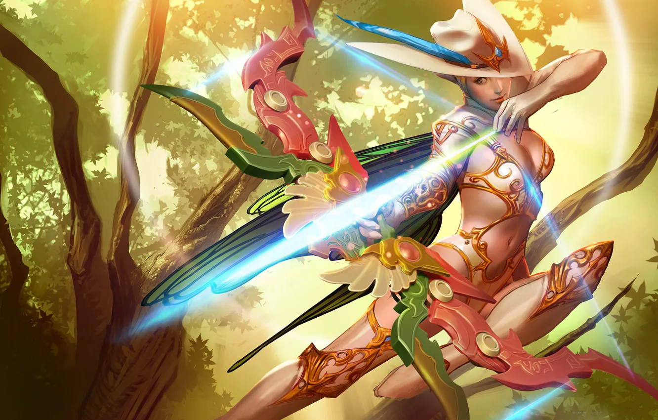 Photo wallpaper girl, trees, hat, bow, Archer, fantasy