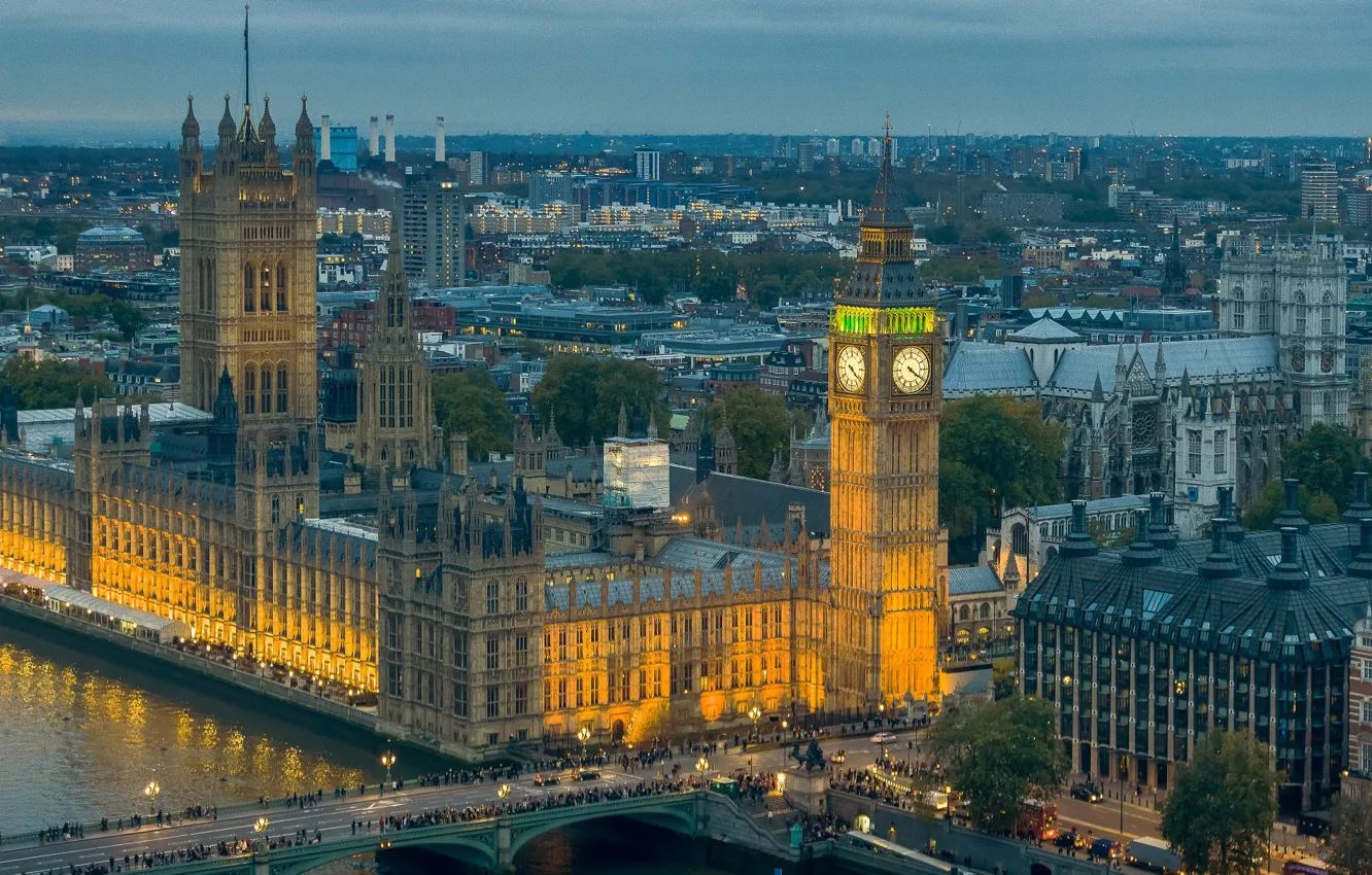 Photo wallpaper light, bridge, the city, river, street, watch, people, view