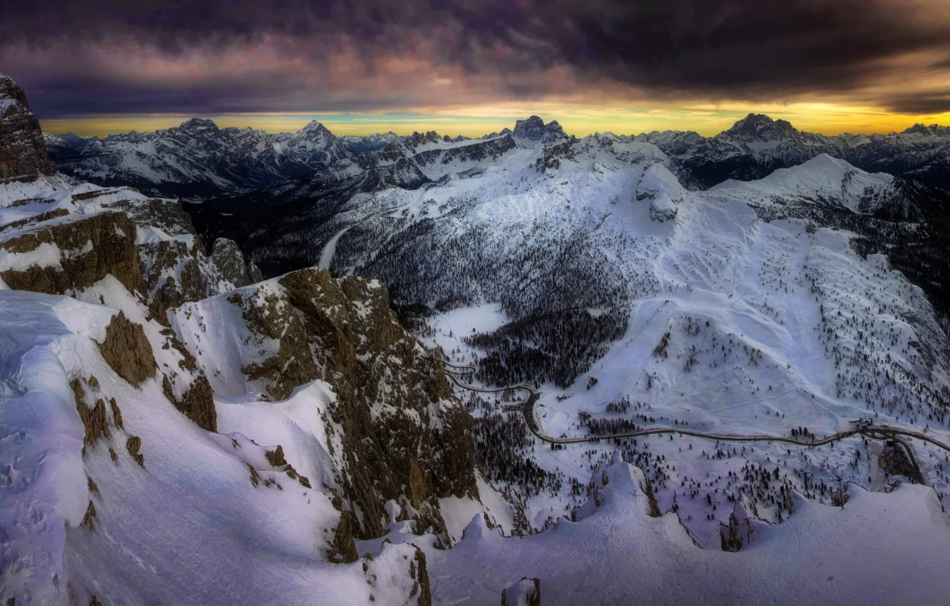 Photo wallpaper winter, road, forest, the sky, snow, sunset, mountains, clouds