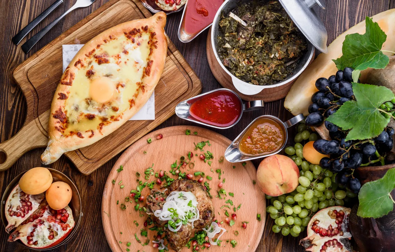 Photo wallpaper eggs, grapes, meat, fruit, peaches, sauce, garnet, khachapuri